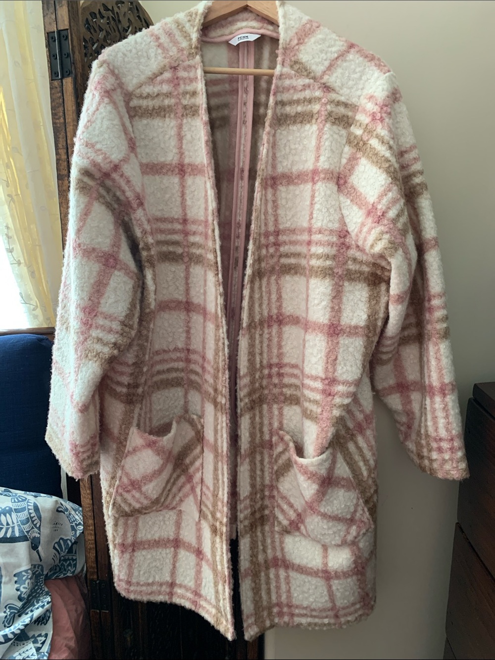 Penningtons Plush Plaid Sherpa Coat in Cream, Pink & Tan